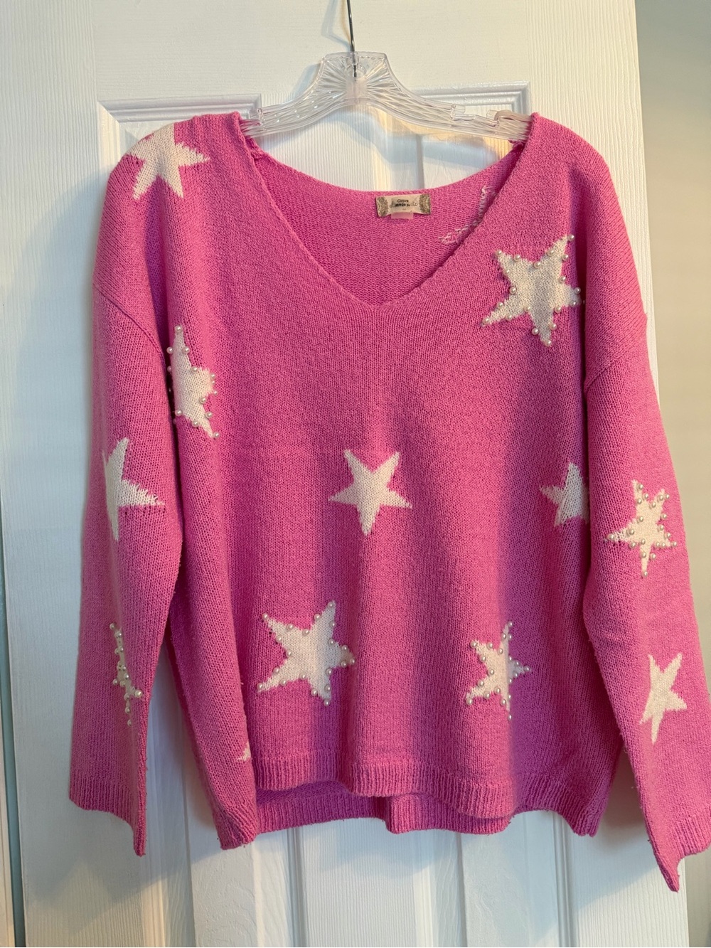 Altar'd State Pink V-Neck Pearl Star Sweater